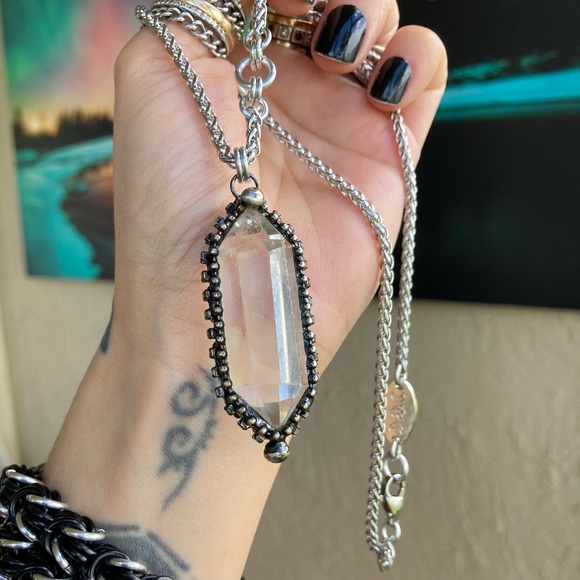 Natural Crystal quartz black electroplated boho goth stainless steel necklace - Picture 6 of 14